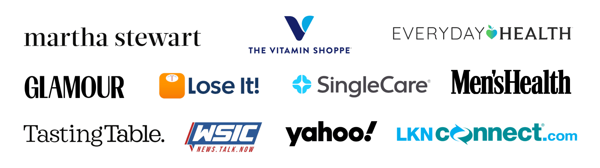 Logos for the media outlets and magazines featuring MINT Nutrition, including Martha Stewart, Glamour, Men's Health, LoseIt!, The Vitamin Shoppe, Everyday Health, LKNConnect, Yahoo, SingleCare, Tasting Table and WSIC