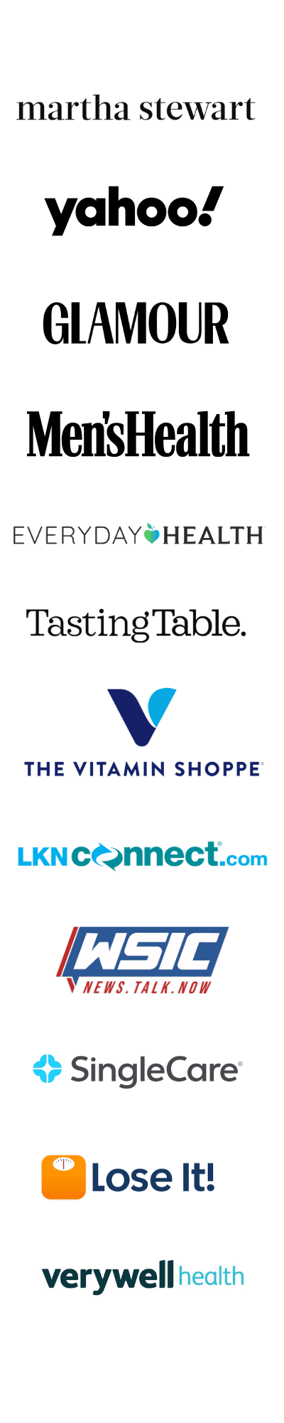 Logos for the media outlets and magazines featuring MINT Nutrition, including Martha Stewart, Glamour, Men's Health, LoseIt!, The Vitamin Shoppe, Everyday Health, LKNConnect, Yahoo, SingleCare, Tasting Table, Verywell Health and WSIC