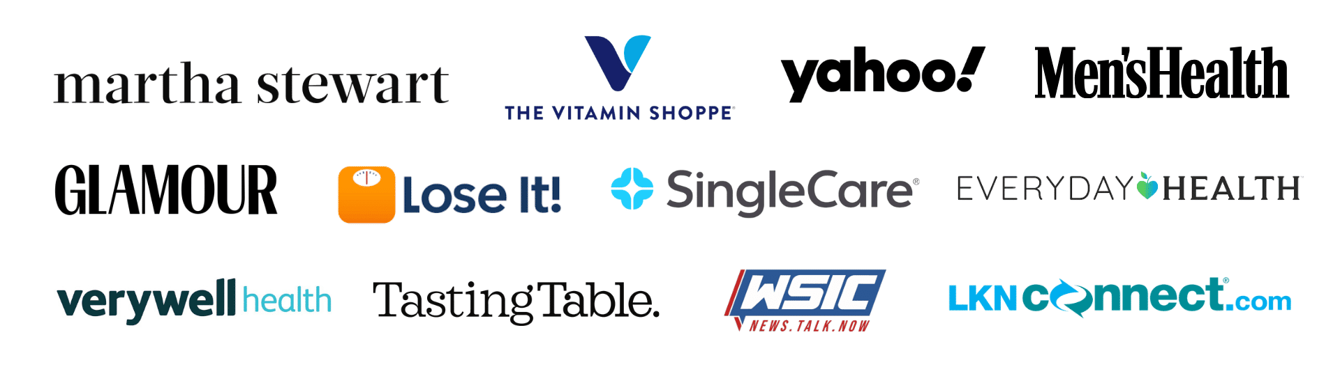 Logos for the media outlets and magazines featuring MINT Nutrition, including Martha Stewart, Glamour, Men's Health, LoseIt!, The Vitamin Shoppe, Everyday Health, LKNConnect, Yahoo, SingleCare, Tasting Table, Verywell Health and WSIC