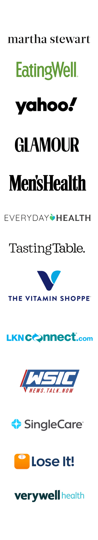 Logos for the media outlets and magazines featuring MINT Nutrition, including Martha Stewart, EatingWell, Glamour, Men's Health, LoseIt!, The Vitamin Shoppe, Everyday Health, LKNConnect, Yahoo, SingleCare, Tasting Table, Verywell Health and WSIC