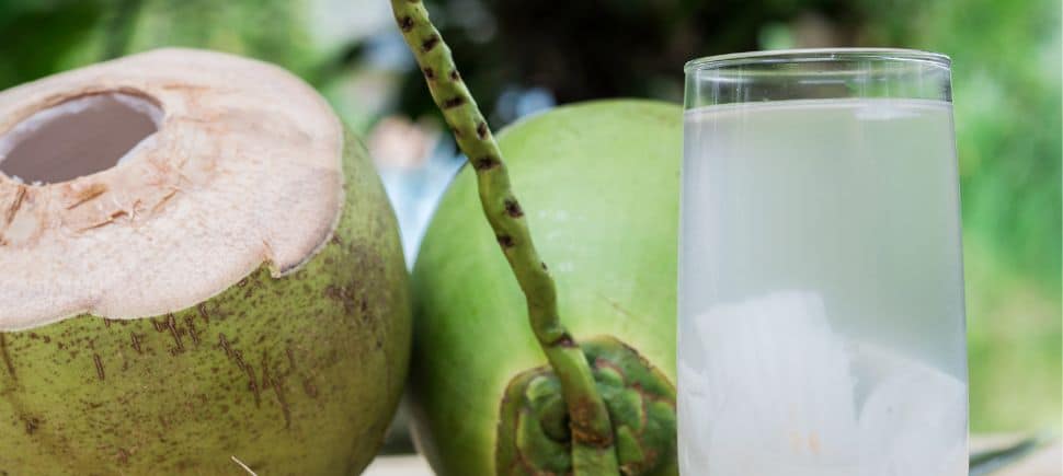 Photo of a glass of coconut water next to fresh coconuts, natures electrolytes