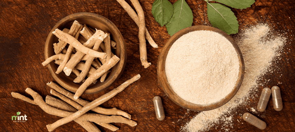 Adaptogenic herbs including ashwagandha can ease anxiety, improve sleep, and support mental clarity. Photo of ashwaganda root, powder, and capsules.