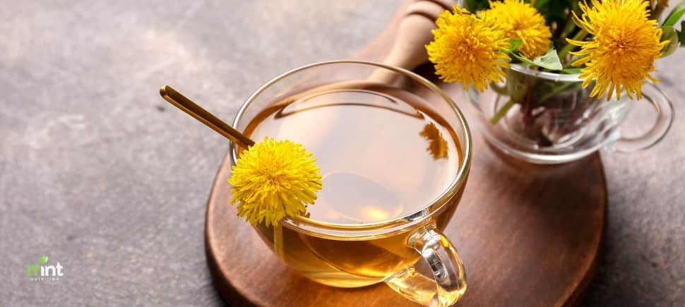 Glass of dandelion root tea to promote liver health, bile flow, and natural detox – MINT Nutrition Mooresville NC