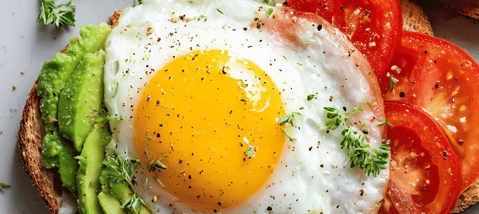 Photo of an egg on top of toast with avocado and tomato slices