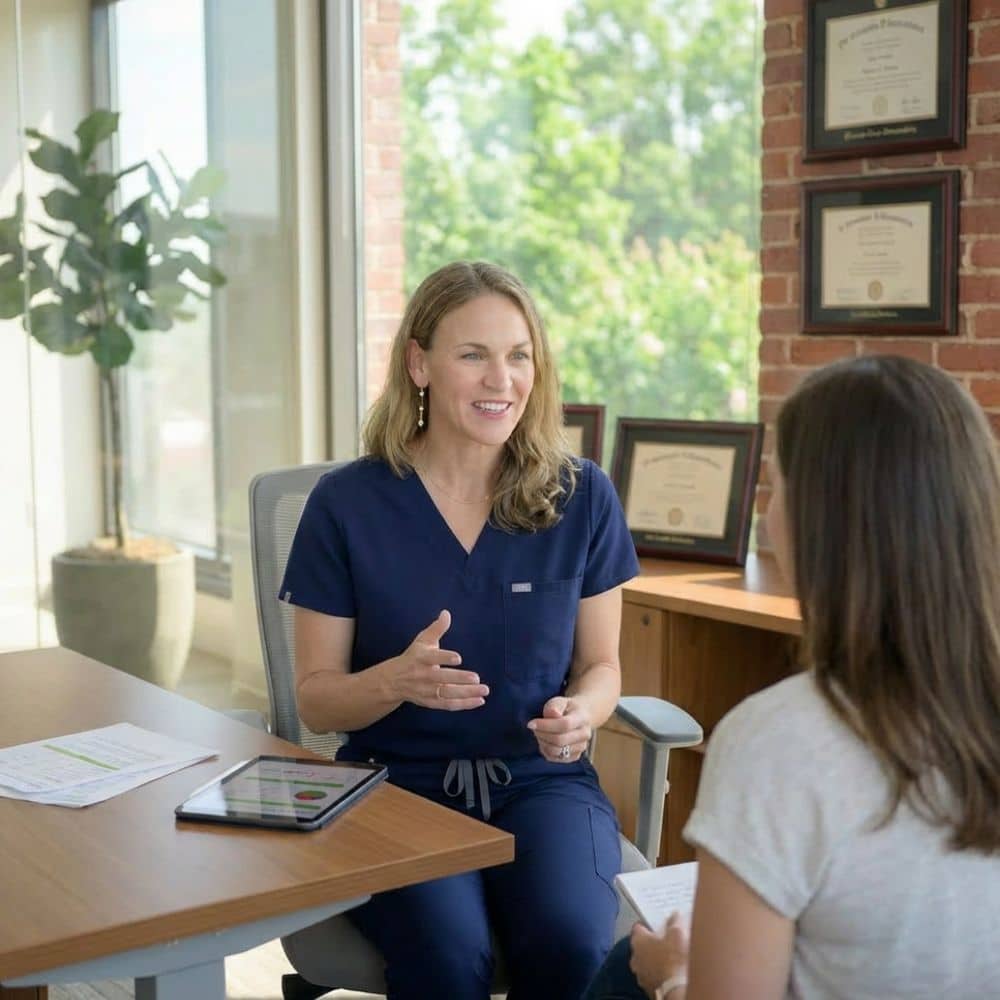 Client meeting with a MINT Nutrition dietitian for personalized nutrition counseling and root-cause wellness support in Mooresville, NC.