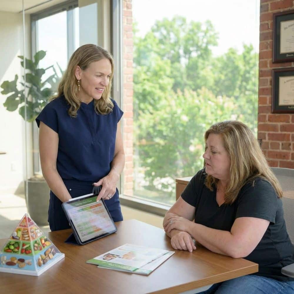 MINT Nutrition dietitian reviewing a personalized nutrition plan during a weight management counseling session in Mooresville, NC.