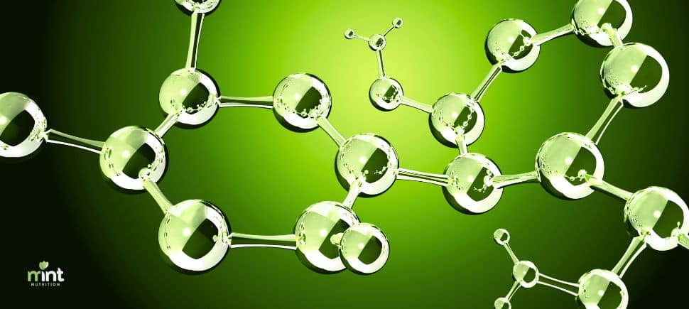 Abstract green peptide therapy graphic representing cellular repair, wellness, and functional nutrition support with a MINT Nutrition logo in the bottom left corner
