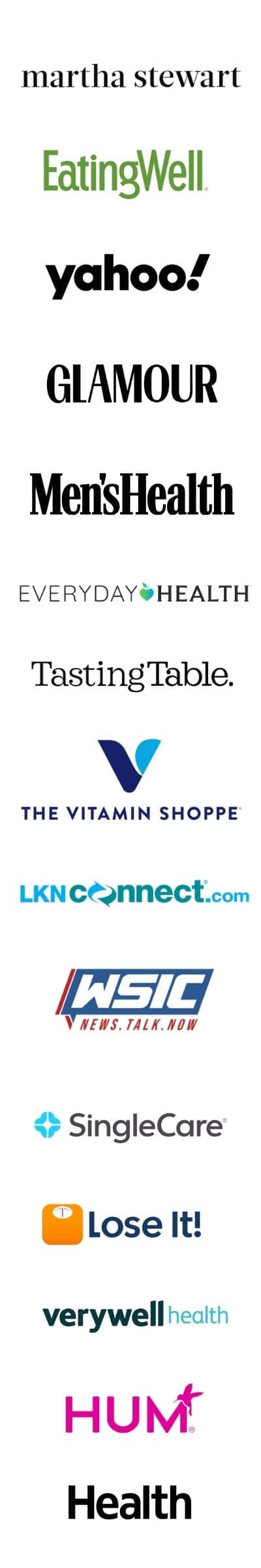 Logos for the media outlets and magazines featuring MINT Nutrition, including Martha Stewart, EatingWell, Glamour, Men's Health, LoseIt!, The Vitamin Shoppe, Everyday Health, LKNConnect, Yahoo, SingleCare, Tasting Table, Verywell Health, HUM, Health, and WSIC