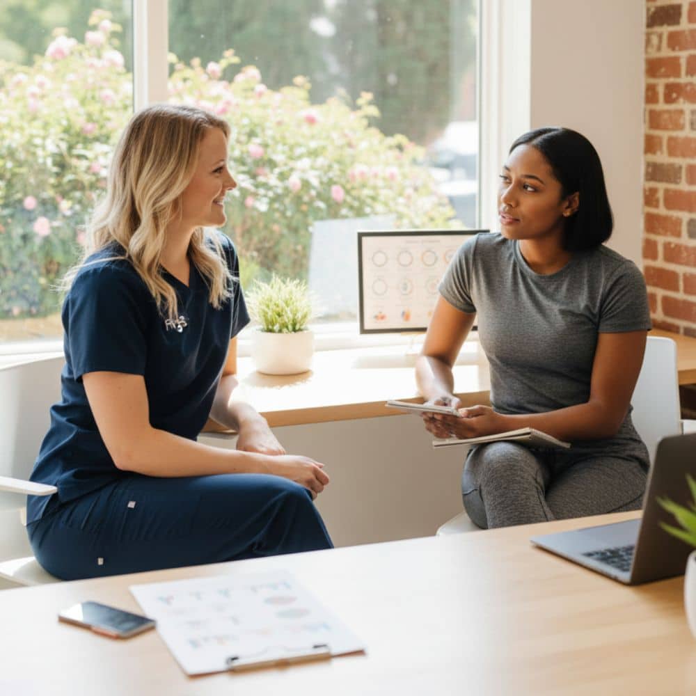 MINT Nutrition dietitian Lizzie discussing lab results and a personalized nutrition plan with a client during a functional medicine consultation in Mooresville, NC.