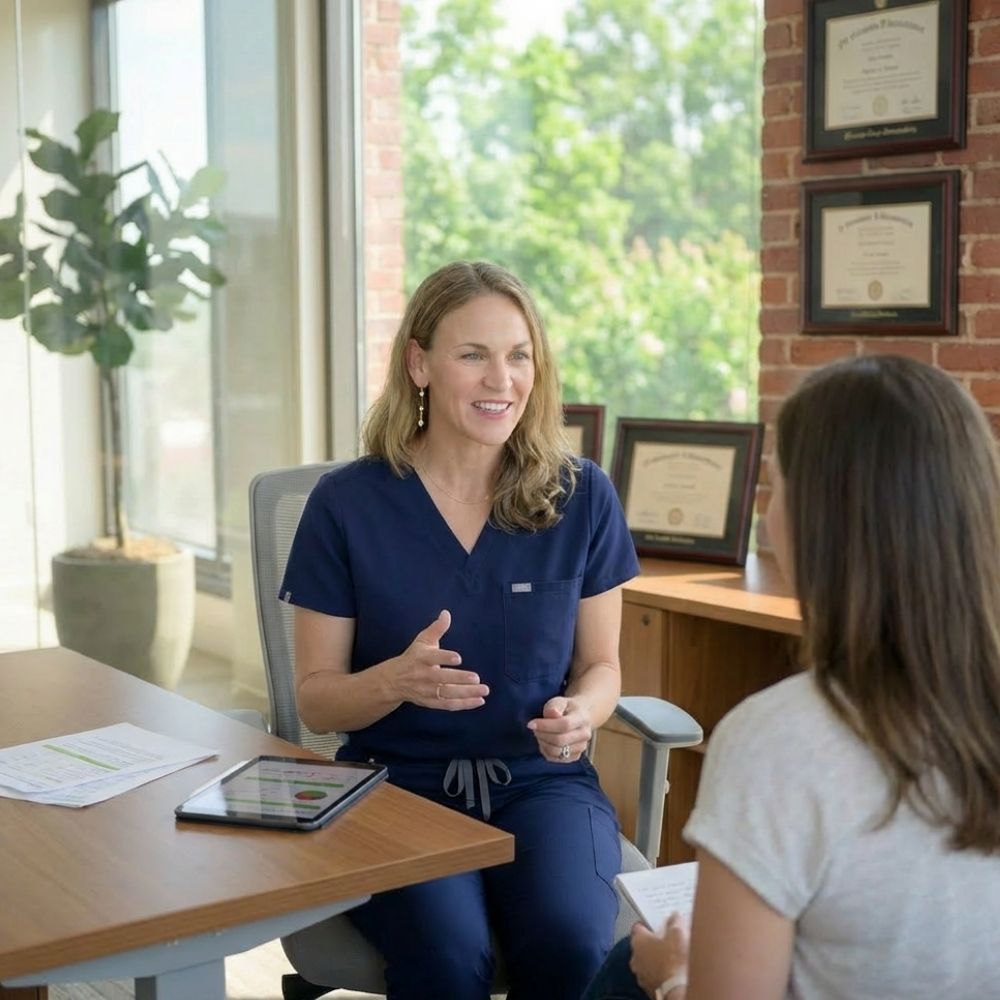 Integrative dietitian reviewing mold toxicity and CIRS test results with a client at MINT Nutrition in Mooresville, NC