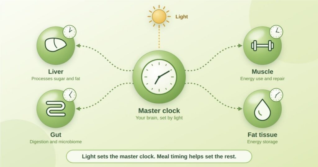 Diagram of the body's master clock in the brain connected to peripheral clocks in the liver, gut, muscle, and fat.