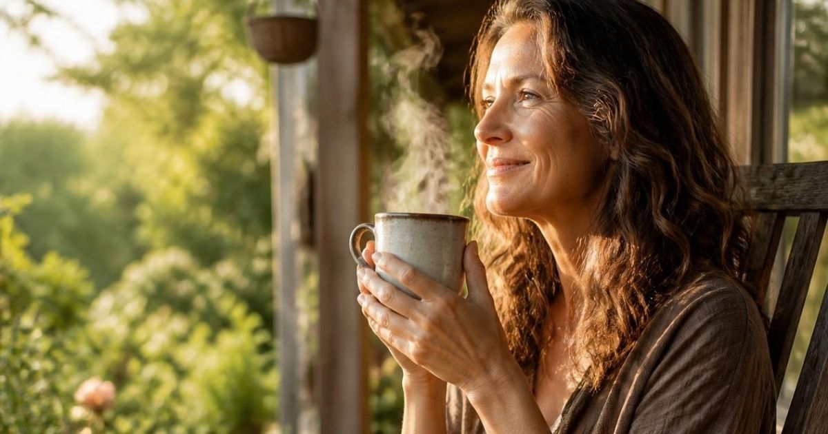 Woman holding a warm mug on a sunlit porch at sunrise, a morning routine that supports circadian rhythm and healthy aging