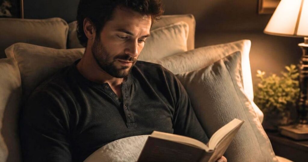Man reading a book in bed with soft lamplight, an evening wind-down routine for better sleep and healthy aging