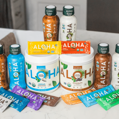 Photo of ALOHA protein drinks, bars, and powder